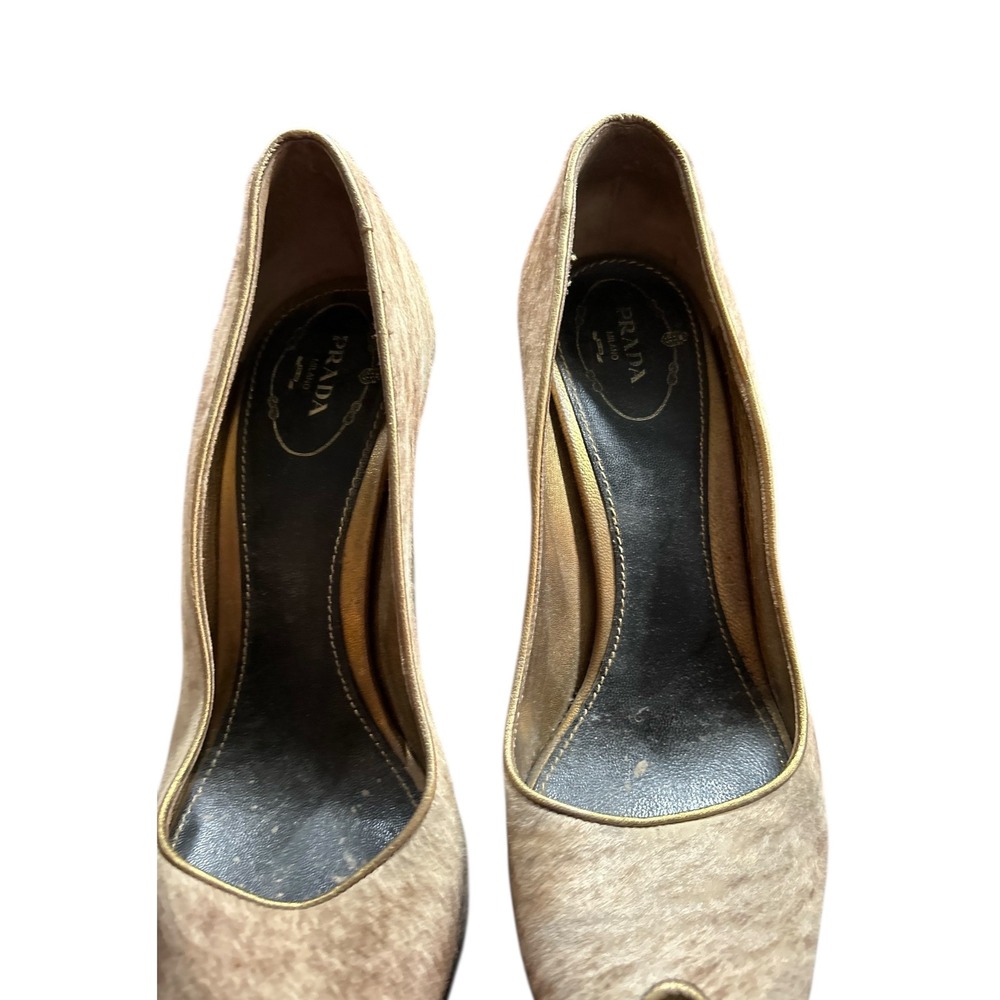 Prada Calf Hair Peep Toe Heels Taupe Gold Trim Platform Stiletto‎ Size 39 - Picture 7 of 16